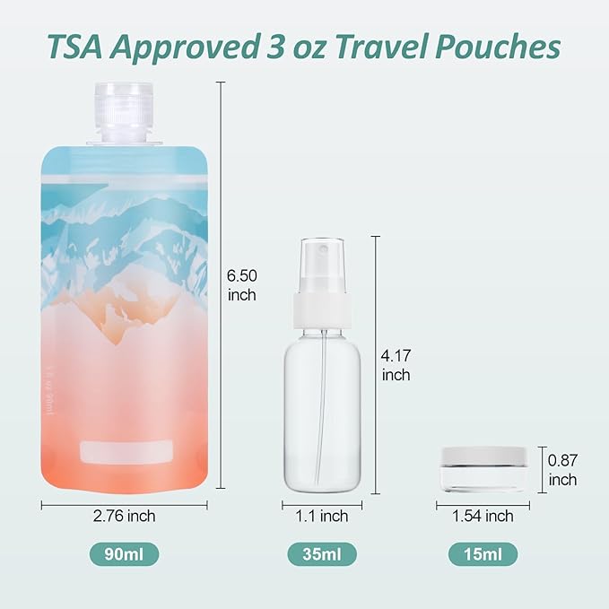 PACKISM 13 Pack Travel Pouches for Toiletries, 3 oz TSA Approved Liquid Containers, Leak Proof Squeeze Bags for Cruise & Camping, Space Saving Refillable Carriers, Brilliant Mountain Cruise Ship