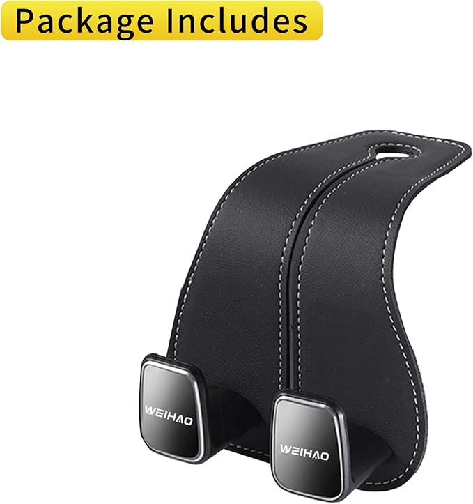 WEIHAO Wide Purse Hook for Car, Twin Hook Leather Car Headrest Hangers, Car Seat Back Storage Hook, Headrest Hooks Purse Bag Holder for Car Universal Fit Sedan Trucks SUVs Most Vehicles (Black-1PC)