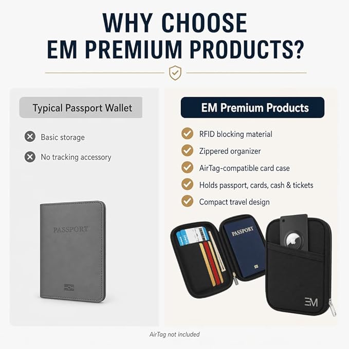 EM RFID Passport Holder with Zipper, Travel Wallet, AirTag Card Case, Black | Ideal for 1 passport, cards, cash, ID and boarding pass. Measures 4.7 L x 0.8 D x 6.1 H in with discreet AirTag card pocket