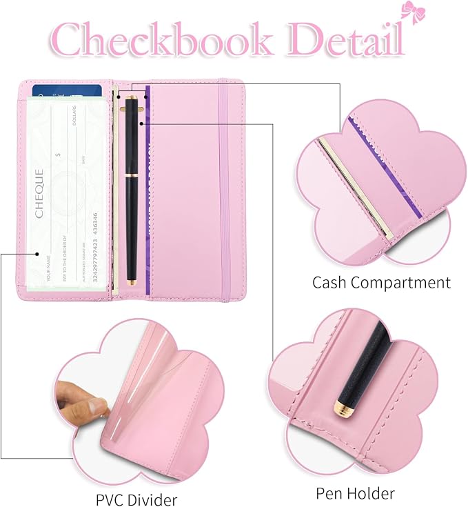 Letter Checkbook Cover, RFID Blocking Checkbook, Stylish, Lightweight, Slim Durable, Multi-Functional Checkbook Holder for Personal and Business Checks (Cherry-Pink)