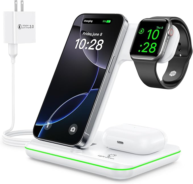 WAITIEE Foldable Wireless Charger for iPhone 17 16 15 14 13 12 11 X 8, 3 in 1 Charging Station for Apple Watch & for AirPods(White)