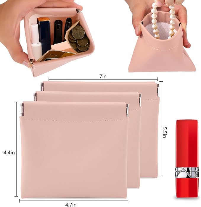 BUSOHA 3 Pack Small Makeup Bag for Purse - Mini Portable Cosmetic Bags for Women, Coin Purse Lipstick Cosmetic Accessories Organizer, Small Travel Kit Storage Pouch(Pink)
