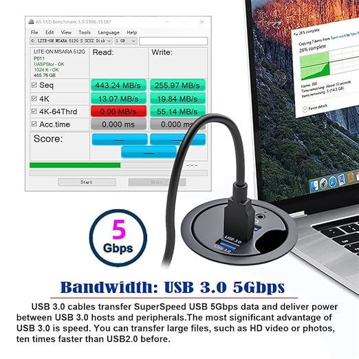 Cablecc 3 Port USB 3.0 Hub Sound Card USB Splitter 60mm Desk Grommet Dock Station Headphone Mic Audio Interface for Desktop PC(USB 3.0 and 3.5mm Audio Port)