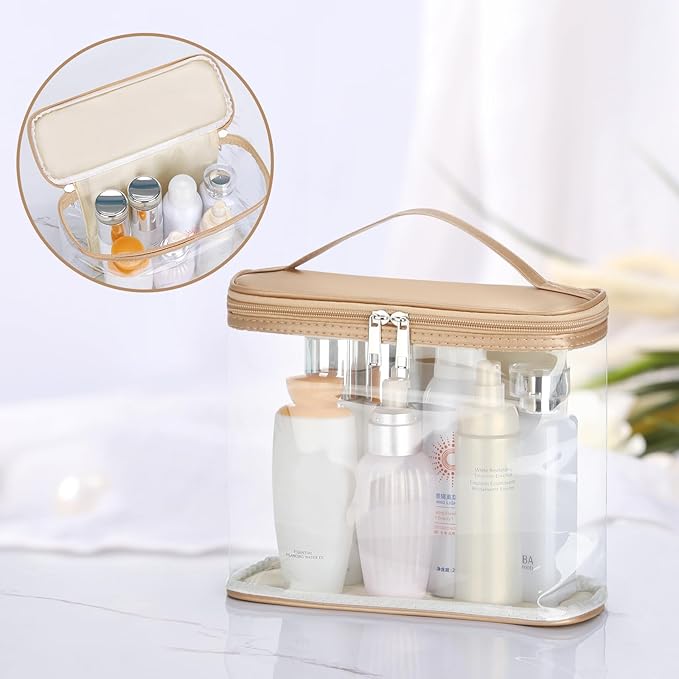 HAOGUAGUA Heavy Duty Leak Proof Clear Travel Bags for Toiletries, Transparent Makeup Cosmetic Bag with Zipper and Handle (1PCS GOLD, Large)