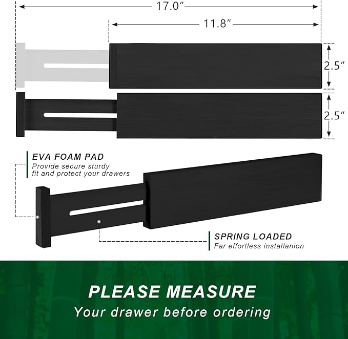 4 Pack Bamboo Drawer Dividers 2.6" High, Adjustable Length from 12 Inch to 17 Inch, Expandable Kitchen Drawer Organizer Separators for Clothes, Kitchen, Bedroom, Dresser, Office (Black)