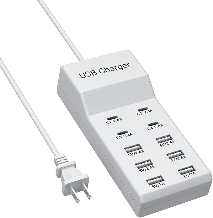 10-Port USB C Charger Block (6 USB-A Port & 4 USB-C Port), 50W10A Multiport Charger Hub for iPhone, Galaxy, iPad & More, 3.3FT