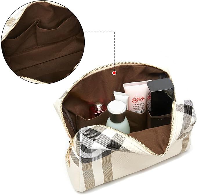 Large Makeup Bag for Purse Luxury Women Cosmetic Bags Designer Make Up Pouch for Toiletry Travel Organizer (Beige)