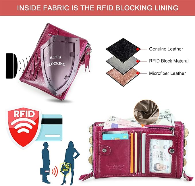 CONTACTS Soft Leather Wallet for Women Small Bifold Coin Purse Double Zipper Card Holder with RFID Blocking (Purplish Red)