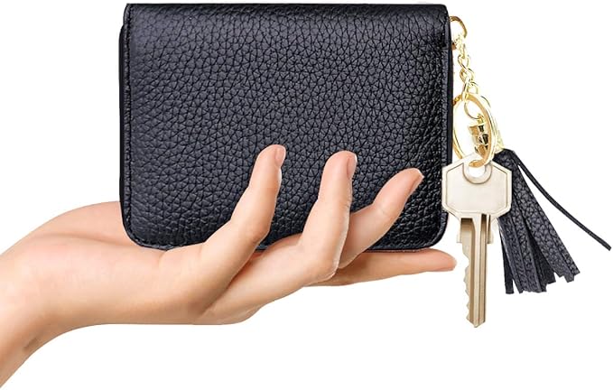 Coco Rossi Leather Credit Card Wallet for Women, RFID Blocking Zipper Cards Holder with Tassels-Black