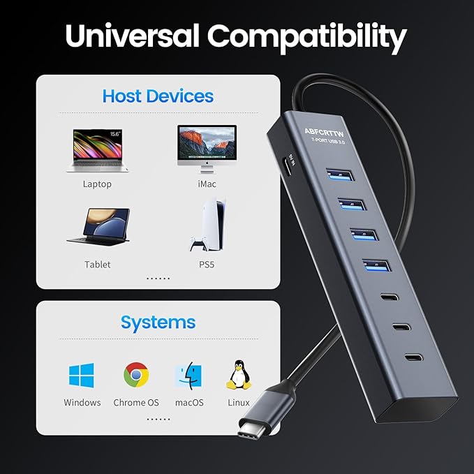 USB C to USB Hub Multiport Adapter, Aluminium 7-Port USB C Hub Multiport Adapter, USB Extenders, USB c Splitter for Thunderbolt, MacBook Pro/Air, Laptop, iPad, iMac, U Flash, PSSD, Keyboard, Mouse