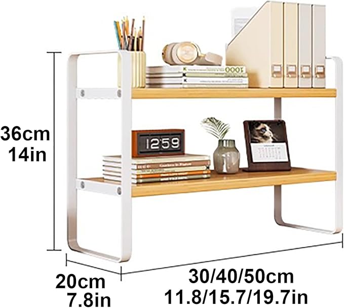 2 Tier Desktop Bookshelf, Office Desk Shelf Organizer, Metal Frame Wood Board Rack, Countertop Bookshelf for Office Supplies Display Rack, for Dorm, Home, School, Office(White,30cm/11.8")