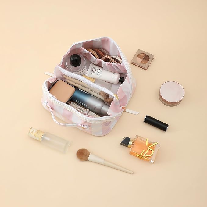 DYSHAYEN Stripe Travel Makeup Bag with Compartments Clear Coated Cosmetic Bag for Women, Waterproof Portable Open Flat Toiletry bag （White-Pink）