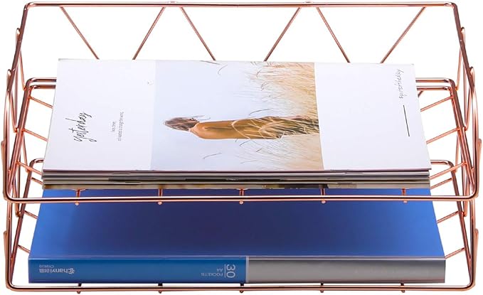 PAG 2 Packs Desktop File Organizer Metal Stackable Horizontal Letter Tray Paper Holder Rack, Rose Gold
