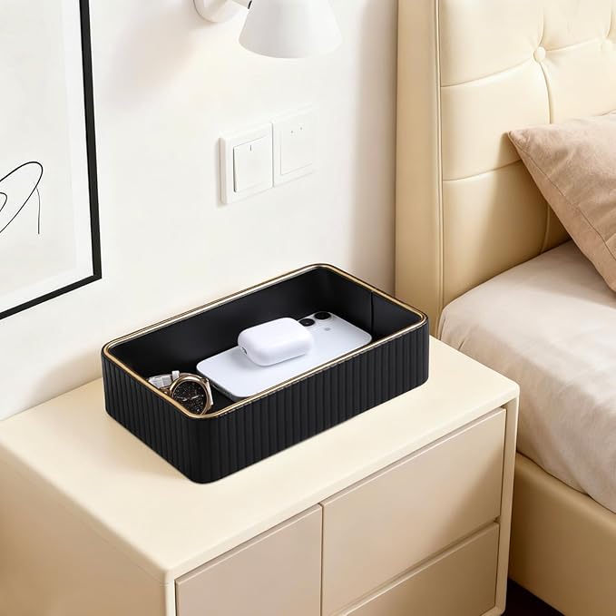 Desk Organizer Tray, PU Leather Nightstand Organizer Perfume Valet Tray for Men Women, Decorative Vanity Trays Trinket Dish Key Bowl for Entryway Table (Black, Small)