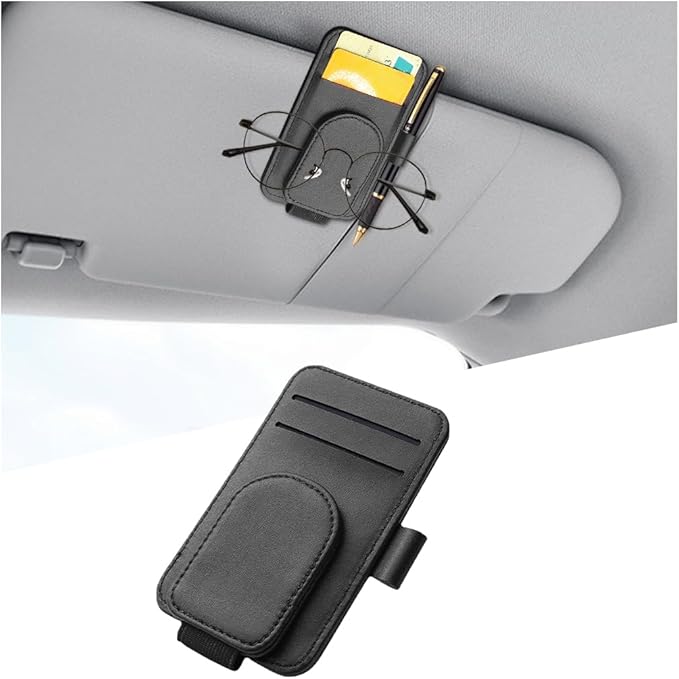 Car Sun Visor Organizer, Magnetic Leather Auto Sunglass Card Pen Pocket Holder for Registration & Drving License, Vehicle Interior Glasses Clip Accessories, Universal for SUV Sedan Truck (Black)