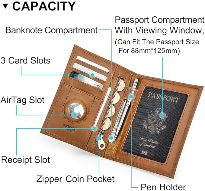CONTACTS Full Grain Leather Passport Holder RFID Blocking Travel Passport Wallet Compatible with Airtag for Men and Women Passport Cover Case with 4 Cards Slots, Coin Pocket (Badge, Camel Brown)