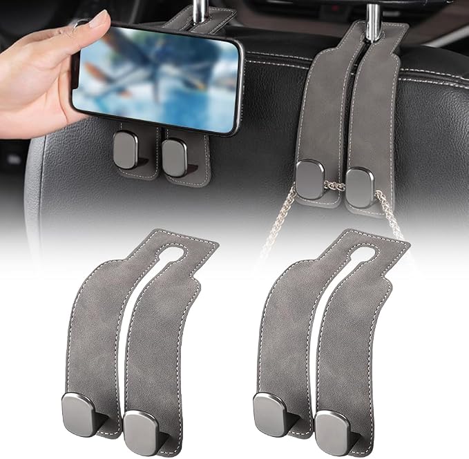 FXOICMI Car Seat Headrest Hooks, Purse Hooks for Car with Double Hooks, Leather Car Seat Hooks for Purses and Handbags, Heavy Duty Car Purse Holder Hanger for Travel, Keep Car Tidy (Grey 2Pcs)