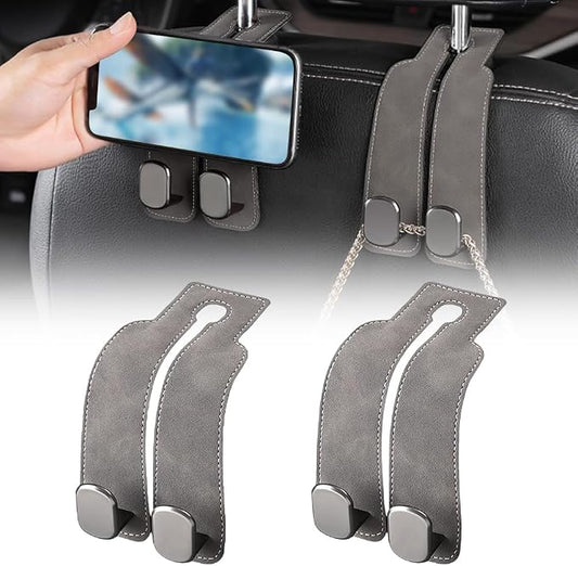 FXOICMI Car Seat Headrest Hooks, Purse Hooks for Car with Double Hooks, Leather Car Seat Hooks for Purses and Handbags, Heavy Duty Car Purse Holder Hanger for Travel, Keep Car Tidy (Grey 2Pcs)