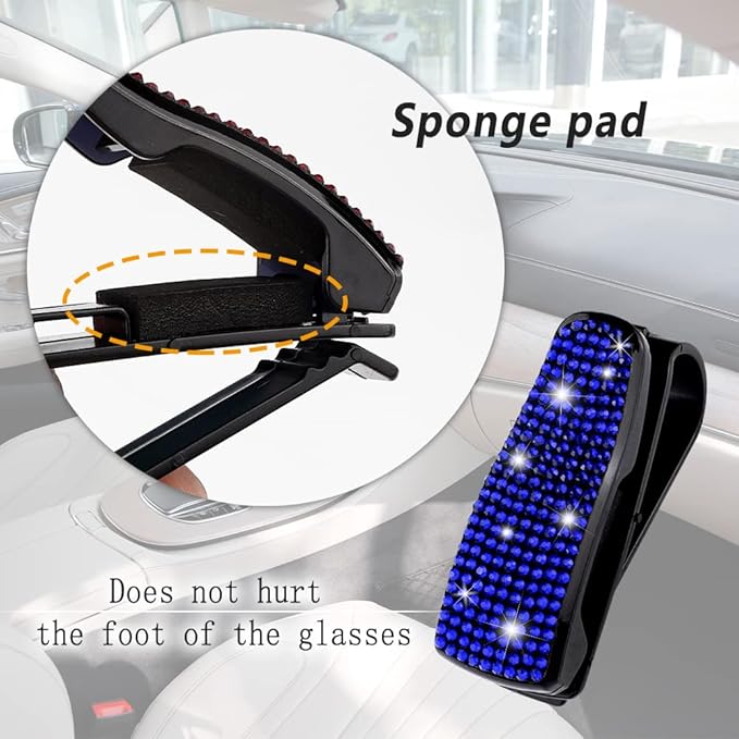 Set of 2 Bling Rhinestone Car Sun Visor Glasses Holders with Anti-Scratch Sponge,Car Decoration for Women Girls,Ticket Card Clip Visor Organizer,Universal Rhinestone Car Accessories (Jewel Blue)