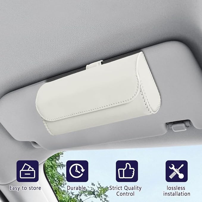 Sunglasses Holder for Car Sun Visor, Sunglass Organizer for Car, Magnetic Leather Eyeglasses Protective Storage Case, Waterproof Glasses Organizer Visor Accessories for Vehicles (White)