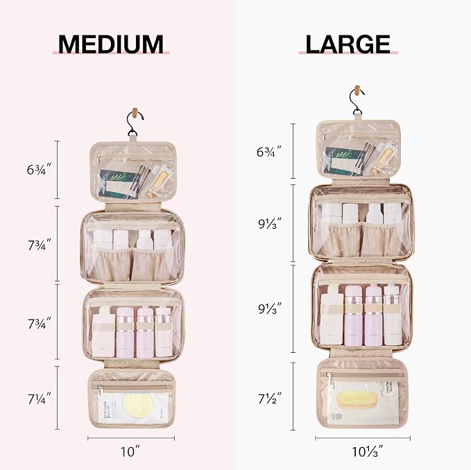 BAGSMART Toiletry Bag Hanging Travel Makeup Organizer with TSA Approved Transparent Cosmetic Bag Makeup Bag for Full Sized Toiletries(Stone Khaki)