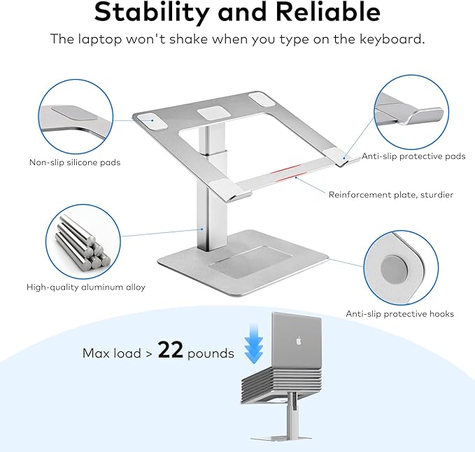 Laptop Stand for Desk, Ergonomic Aluminum Laptop Stand Adjustable Height from 7-15", Sitting and Standing Laptop Riser for 10-17" Notebook