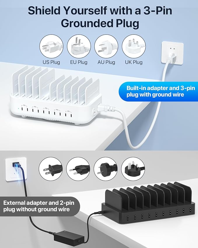 SooPii 100W 10-Port USB Charging Station, 10 USB-C PD Fast Charging Compatible with Phone,lPad,Galaxy, and Other Electronics, 10 Mixed Charging Cables Included (White)