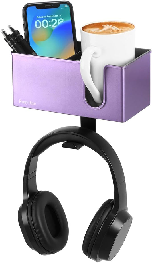 Rosyline 3-in-1 Desk Cup Holder & Clip-on Cup Holder, Clip on Desk Organizer – with Anti-Spill Function, Keeps Your Coffee, Headset, Phone & Pens Within Easy Reach, for Office Desk (Purple)