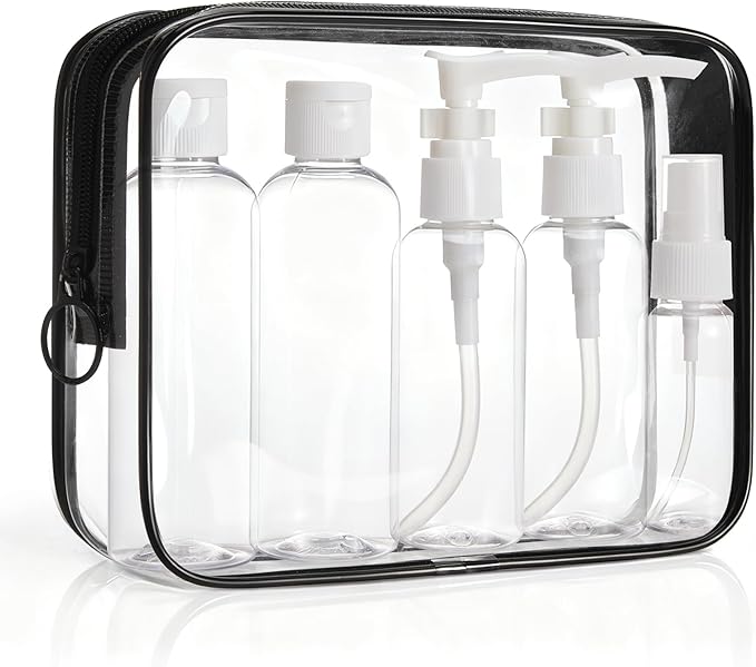 BAGSMART 7 Pack Clear Toiletry Bag with Refillable Travel Bottles Set, TSA Approved Travel Toiletry Bag Water Repellent Carry on Travel Accessories Bag Airport Airline Quart Size Bags, Black