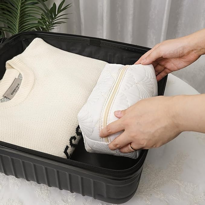 3 Pieces Quilted Cotton Makeup Bag,Large Capacity Cosmetic Organizer for Travel,Portable Cute Toiletry Pouch for Women,Makeup Artists,Organizing Enthusiasts,White Shell