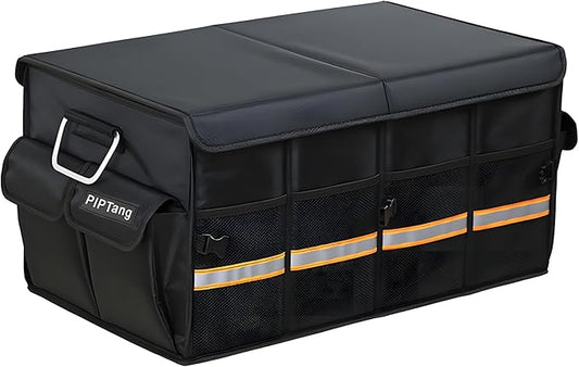 Collapsible Car Trunk Organizer with Reflective Strips, Durable 1680D Oxford Fabric, Large Capacity Storage Bin with Aluminum Handles, Anti-Slip Bottom – 60x35x30cm (23.4x13.8x11.8 inches)
