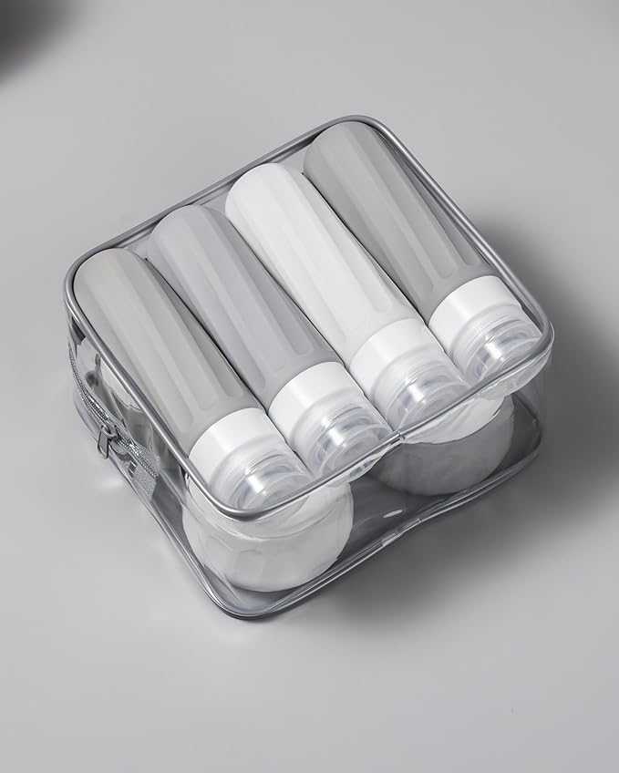 Mrsdry Travel Size Toiletries 8 Pack, TSA Approved 3oz Silicone Squeeze Bottles & Cream Jars with Clear Travel Bag