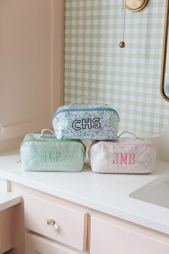 Personalized Flat Lay Makeup Bag - Clear-Coated Embroidered Cosmetic Organizer, Monogrammed Wide-Open Travel Pouch with Easy-Access Interior, Handmade Gift for Women (Peony)