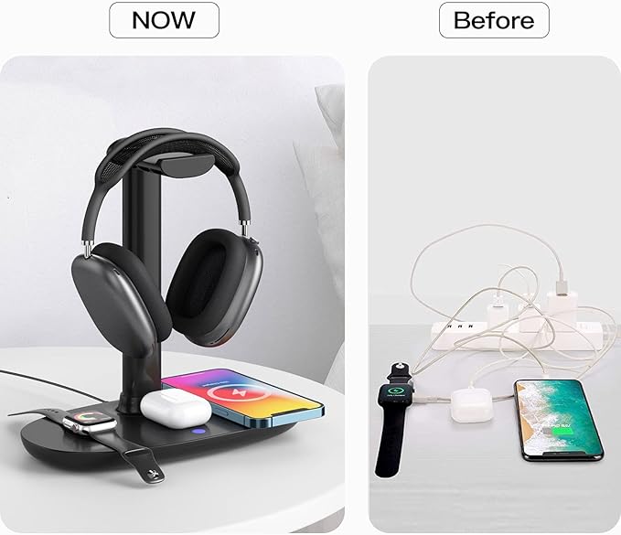 Headphone Stand with 15w Wireless Charger, Suguder 4 in 1 Charging Station Headset Holder for AirPods Max/Pro/4/3/2 iWatch 10/9/8/7/6/5/4/3/2/1/SE iPhone 17/16/15/14/13/12/11/X for Desktop Table Game