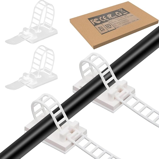 Adjustable Adhesive Cable Management Clips 100Pcs, Large self Adhesive Cable Ties Clips ，Suitable for Cable Management Under desks and on Walls (White)