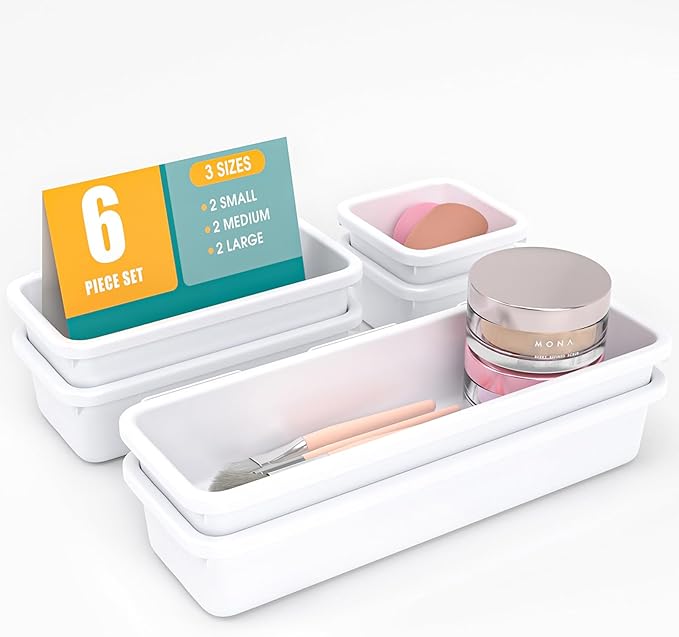 6 PCS Drawer Organizer Set, 3 Size Makeup Drawer Divider Organizer With Non-Slip Pads, Interlocking Plastic Storage Bins for Office,Jewelry Vanity,Gadgets, Bathroom,Kitchen, White