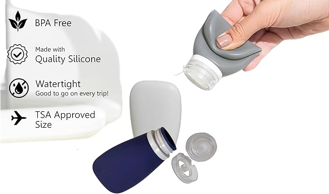 Travel Bottles for Toiletries, TSA Approved 3oz (90ml) Leak Proof Silicone Refillable Squeeze Travel Size Containers BPA Free for Cleansers, Lotions, Shampoo 3-pk (Black-Gray-White)