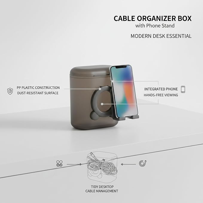Desktop Cable Organizer Box, Compact Cord Management for Cables & Chargers, PP Plastic Case