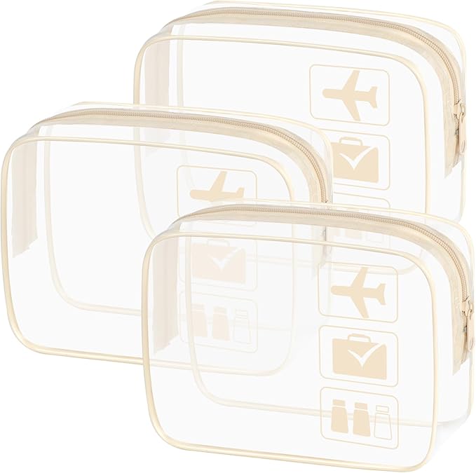 sogiv 3Pcs TSA Approved Toiletry Bag, Clear Travel Toiletry Bag, Clear Makeup Bag, Waterproof Travel Makeup Cosmetic Bag, Carry On Airport Airline Quart Size Travel Bag for Women Men (Beige)
