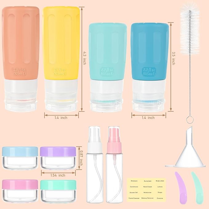 18 Pack Travel Bottles Set for Toiletries, TSA Approved Leak Proof Travel Size Container jars,Squeezable Silicone Travel Essential Accessories for Conditioner, Shampoo, Lotion