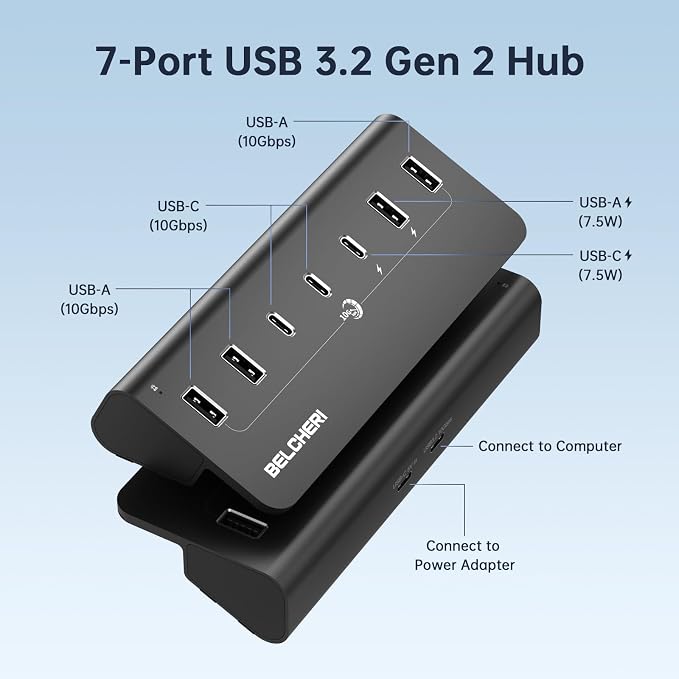 7-Port Powered USB Hub, 10Gbps High-Speed Data USB Splitter (4 USB-A and 3 USB-C Ports), Aluminum Hub with 5V/3A Adapter, for Laptop, MacBook, iPhone 16/15