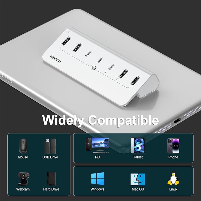 FIDECO Powered USB Hub, 7 Port 10Gbps Fast Data Hub for iPhone 16/15 and Laptop, Full Aluminum USB Splitter with 5V 3A Power Adapter, 4 USB A and 3 USB C Ports, Support BC1.2 Charging (Silver)
