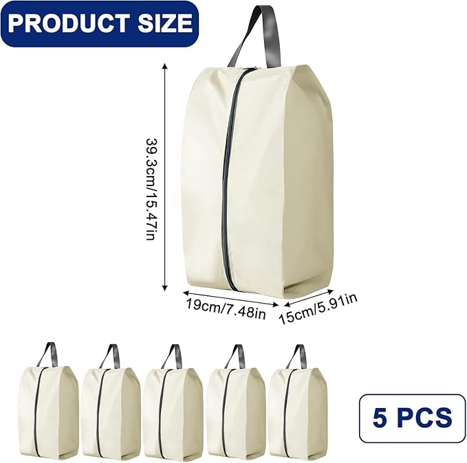 5Pcs Large Travel Shoe Bags Portable Travel Gifts Shoe Organizer with Zipper Closure, Waterproof Nylon Shoe Storage Organizer with Handle Travel Bags For Men and Women, Beige