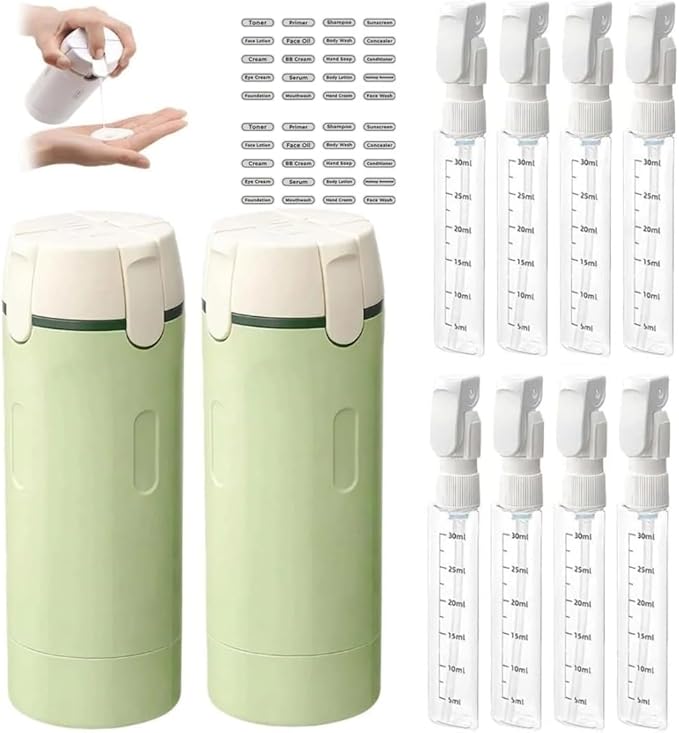 4-in-1 Travel Dispenser Bottles Set, 30ml Leak-Proof Portable Containers for Shampoo, Lotion, Conditioner, Cream, 2Pack (Green)