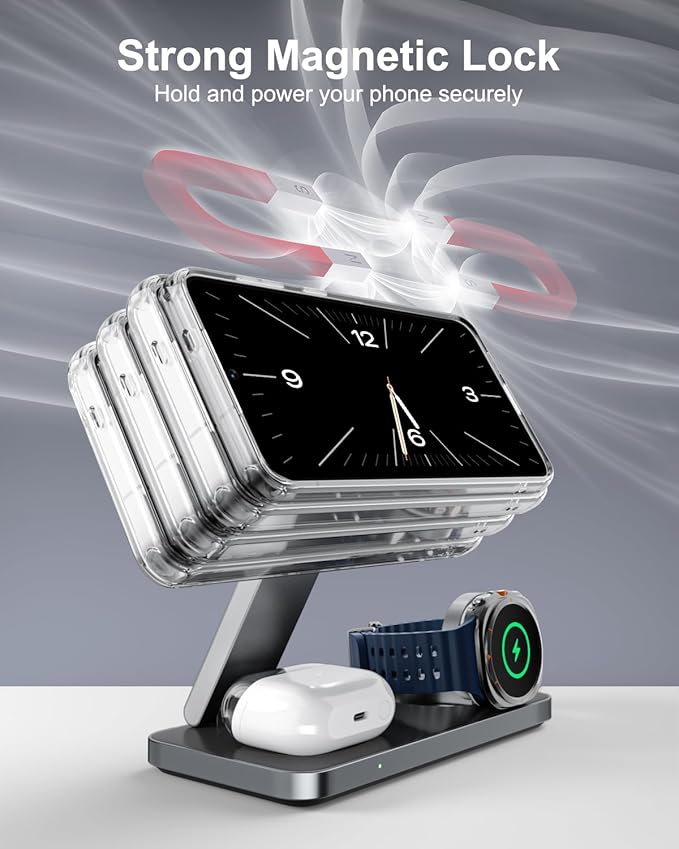 3-in-1 Charging Station for Samsung, Magnetic Fast Wireless Charger Stand Compatible with MagSafe for Galaxy S26/S25/S24/S23/Z Fold/Flip Series, Galaxy Watch Ultra/8/7/6/5, Galaxy Buds Pro/4/3/2