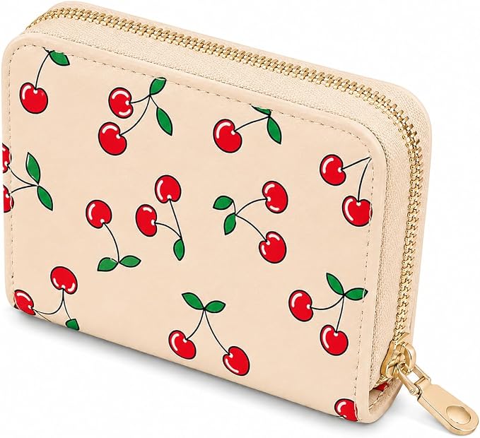 Ladies change card bag, zip storage bank card case, small portable 11 large capacity pouch, holds banknote change credit card(Khaki-colored cherries)