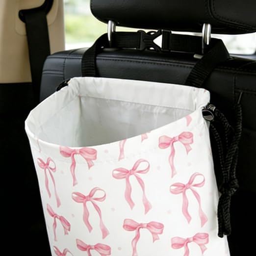 Pink Bow Car Trash Bag - Waterproof Car Trash Bag Hanging Leakproof Car Garbage Bag - Washable Reusable Trash Bag for Car Interior Hanging Organizer Storage Vehicle Travelling Camping