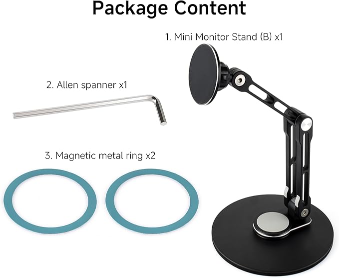 Portable Magnet Monitor Adjustable Stand Magnetic N52 Neodymium, Compatible with 4~18.5inch Monitors, Supports Multi-axis Rotation, Comes with Magnetic Metal Rings, Foldable for Easy Storage