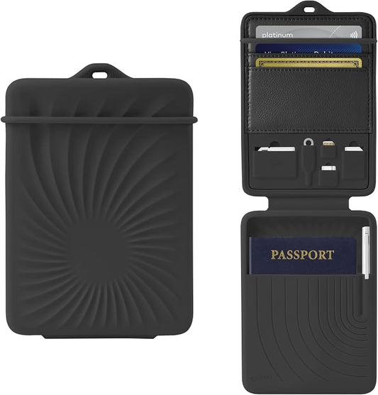 Bone Lanyard Passport Holder, Passport Cover with Travel Gadget Set & Card Slots, Duel-Sided Passport Wallet with Leather & Premium Silicone (Black)