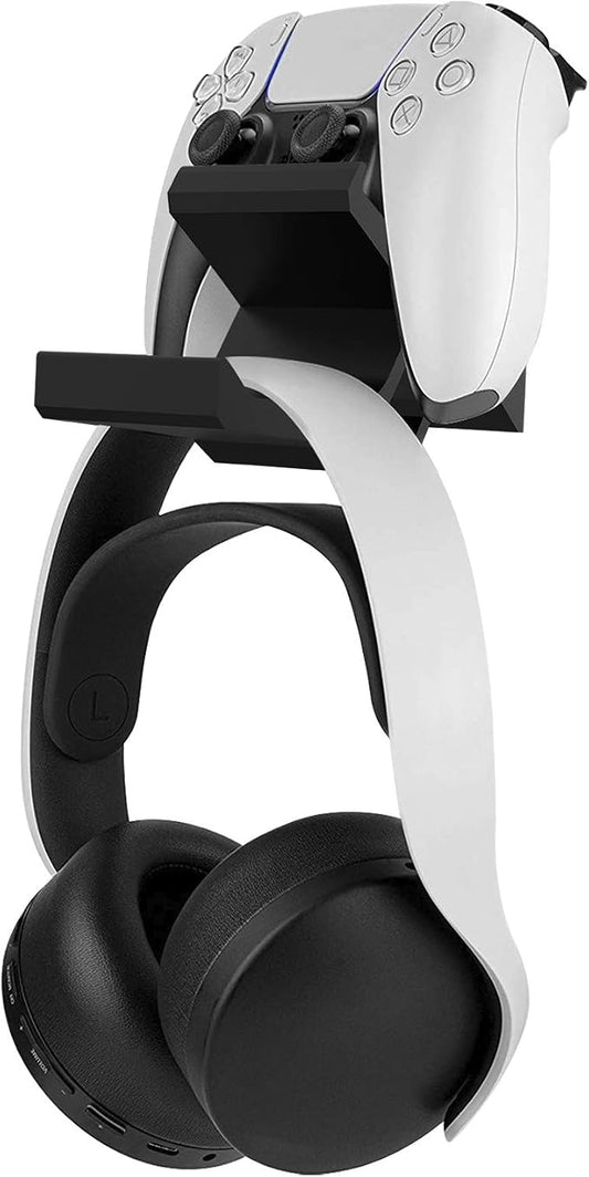 Linkidea Gaming Headset & Controller Holder, Dual Gamepad Controller & Headphone Hanger for PS5, PS4, Xbox One, Xbox 360, Pulse 3D Headset, Wall Mount Stand Universal Headsets (Black)